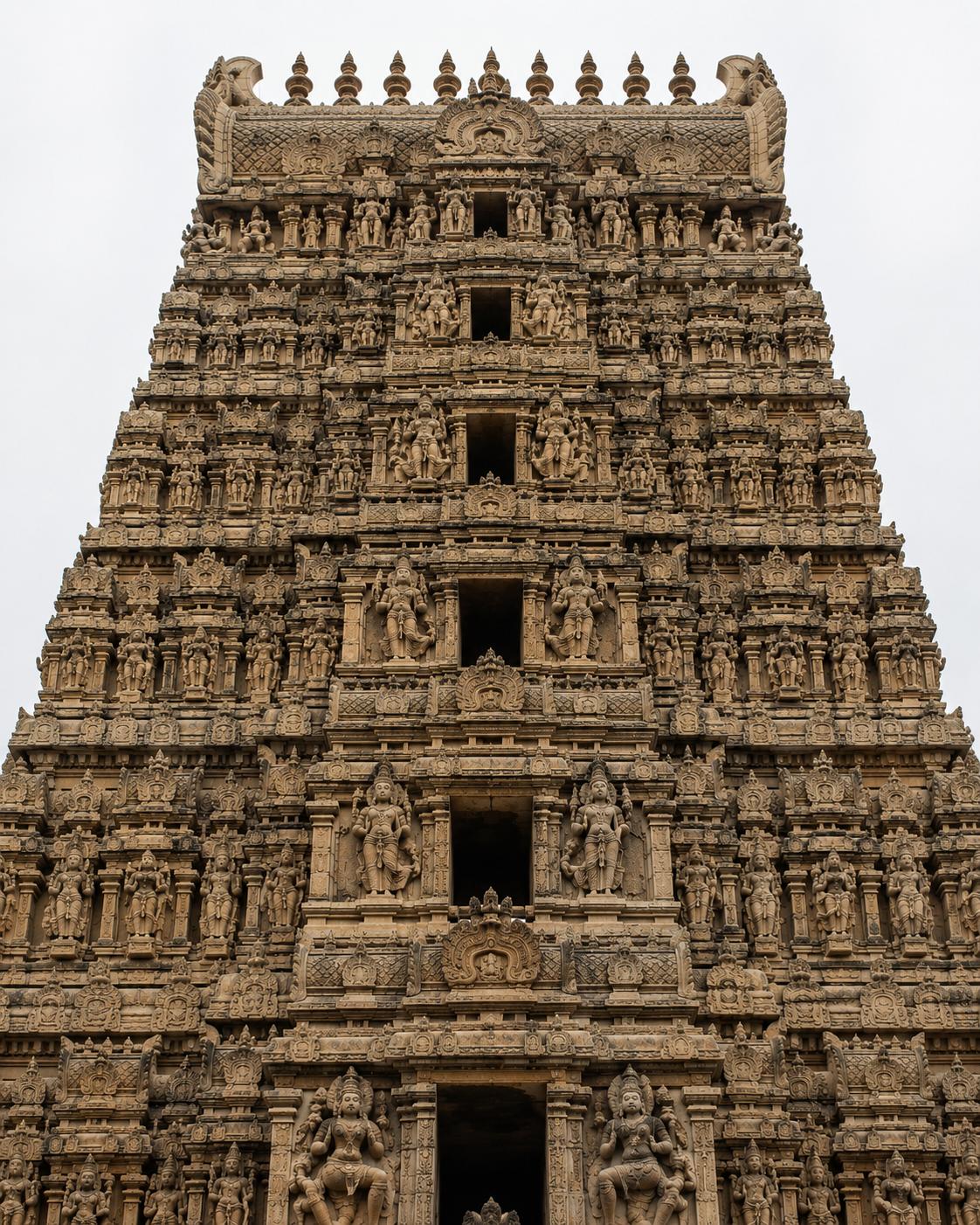 A gopuram tower densely covered with carved deities.