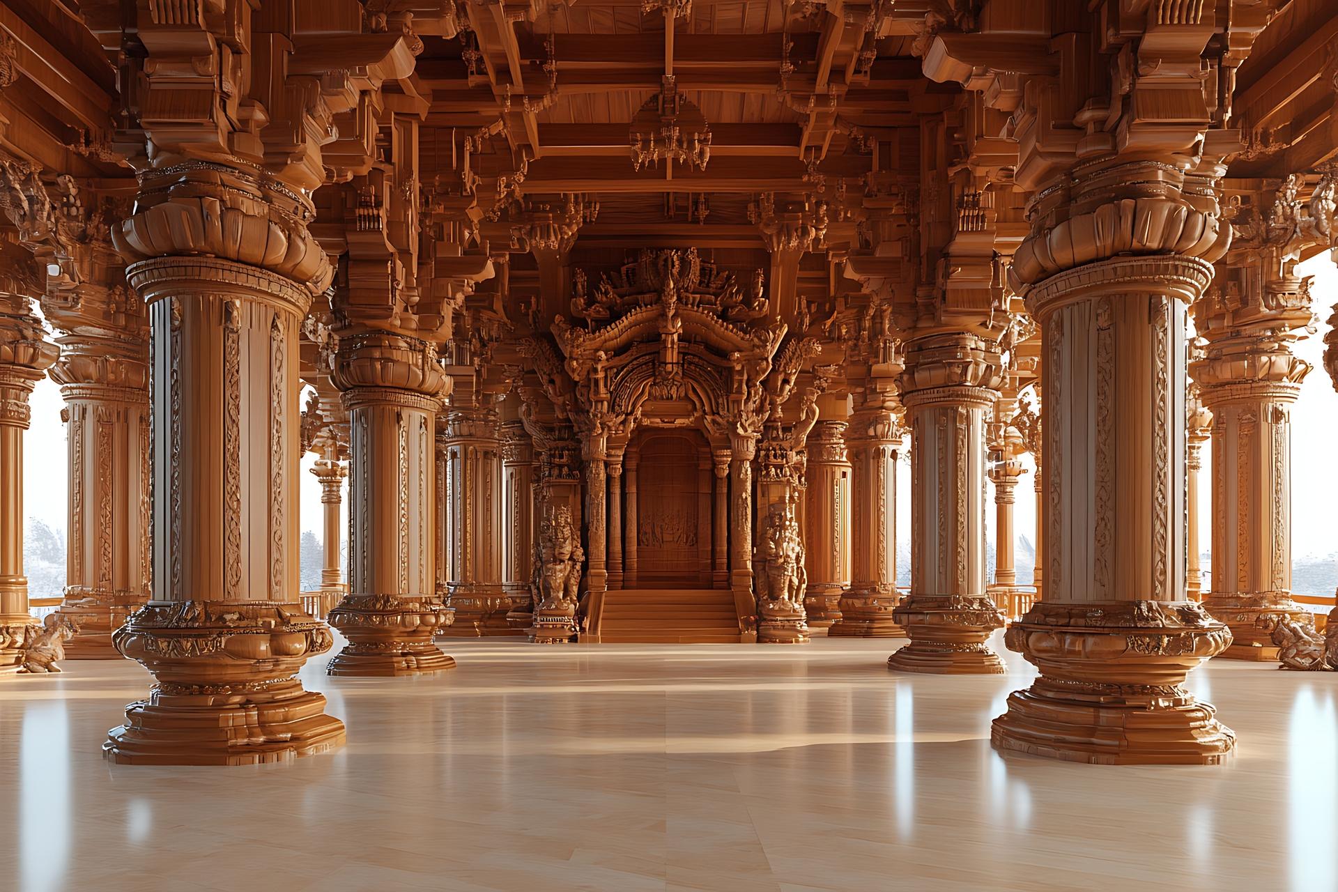 A carved-wood temple hall, rows of pillars leading to the central shrine.