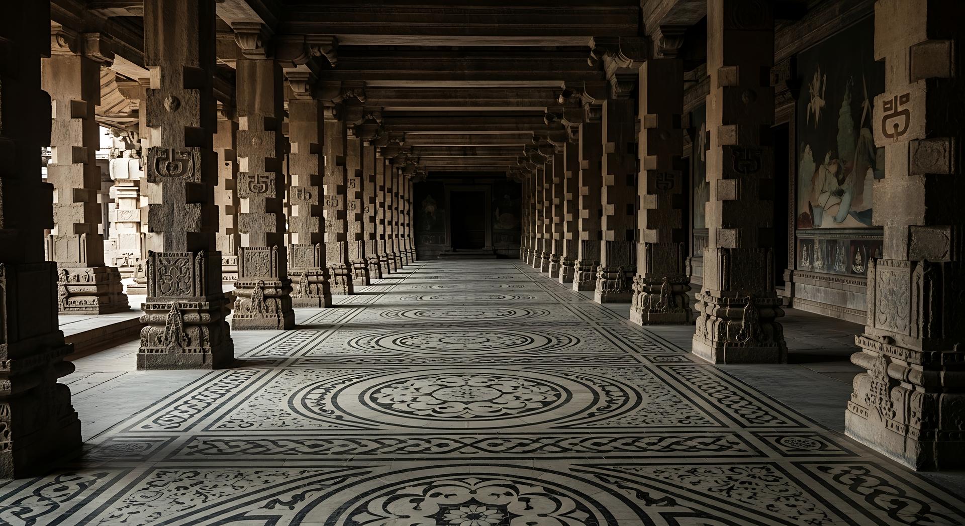 A stone pillared temple corridor with an intricately patterned inlaid floor.