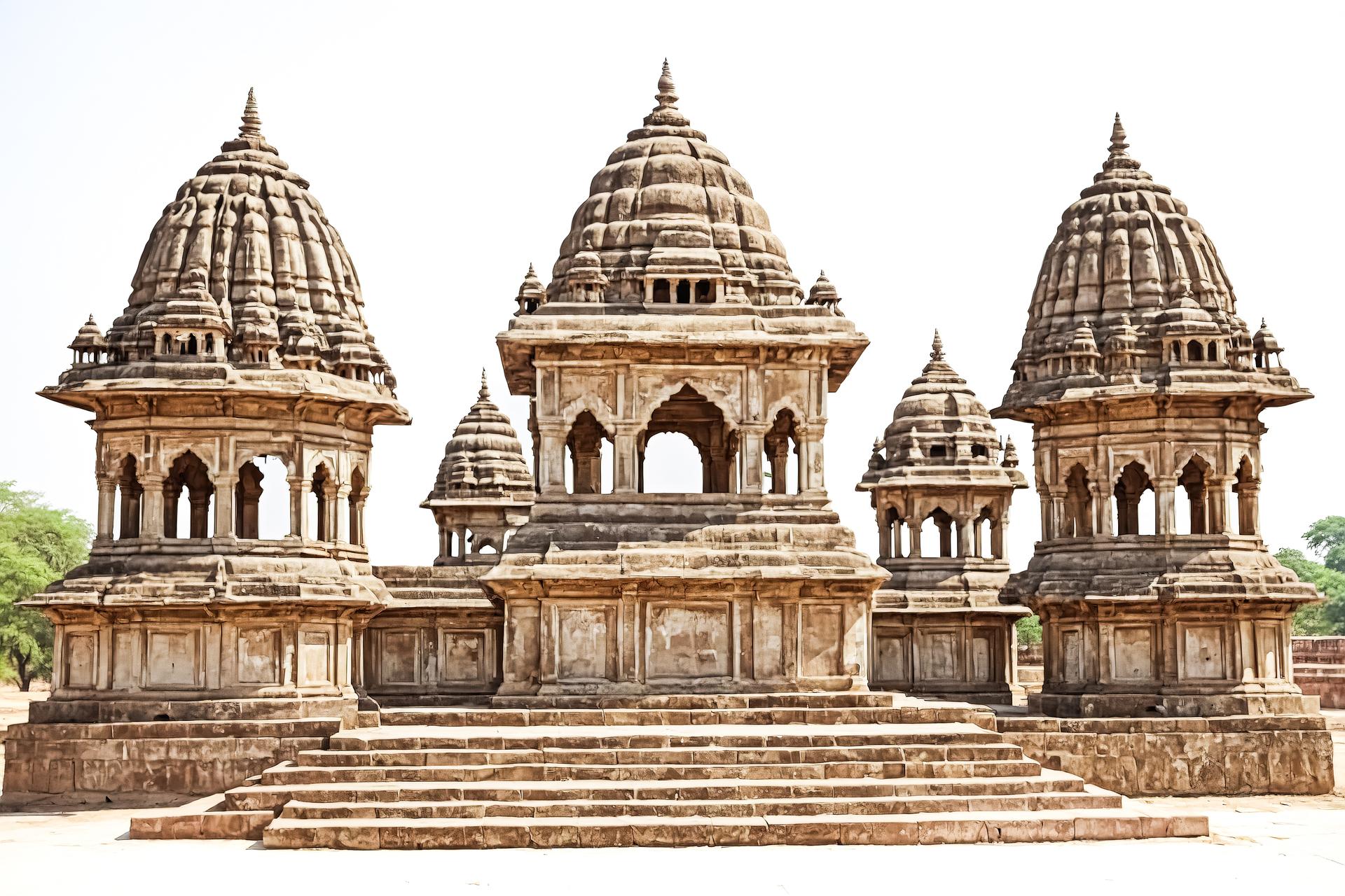A symmetrical sandstone temple complex with domed shikharas above a broad stairway.